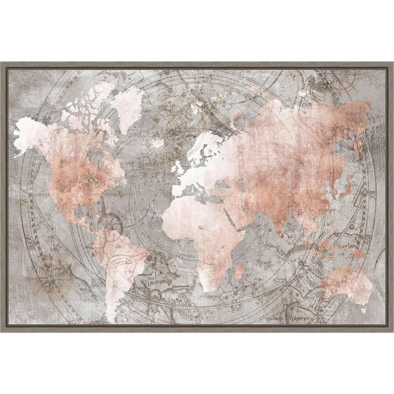 Celestial World Map (Pink) by Isabelle Z 23-in. W x 16-in. H. Canvas Wall Art Print Framed in Grey
